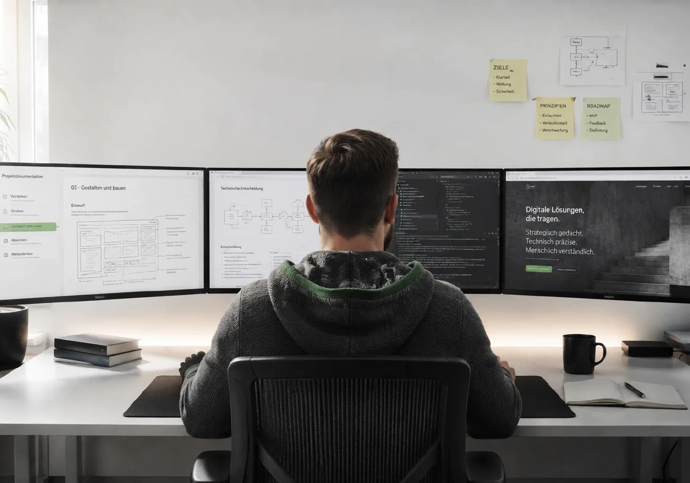 Xaver Pummer sitzt von hinten an einem Arbeitsplatz mit vier Monitoren, die Projektdokumentation, Systemarchitektur, Code und einen digitalen Auftritt zeigen.