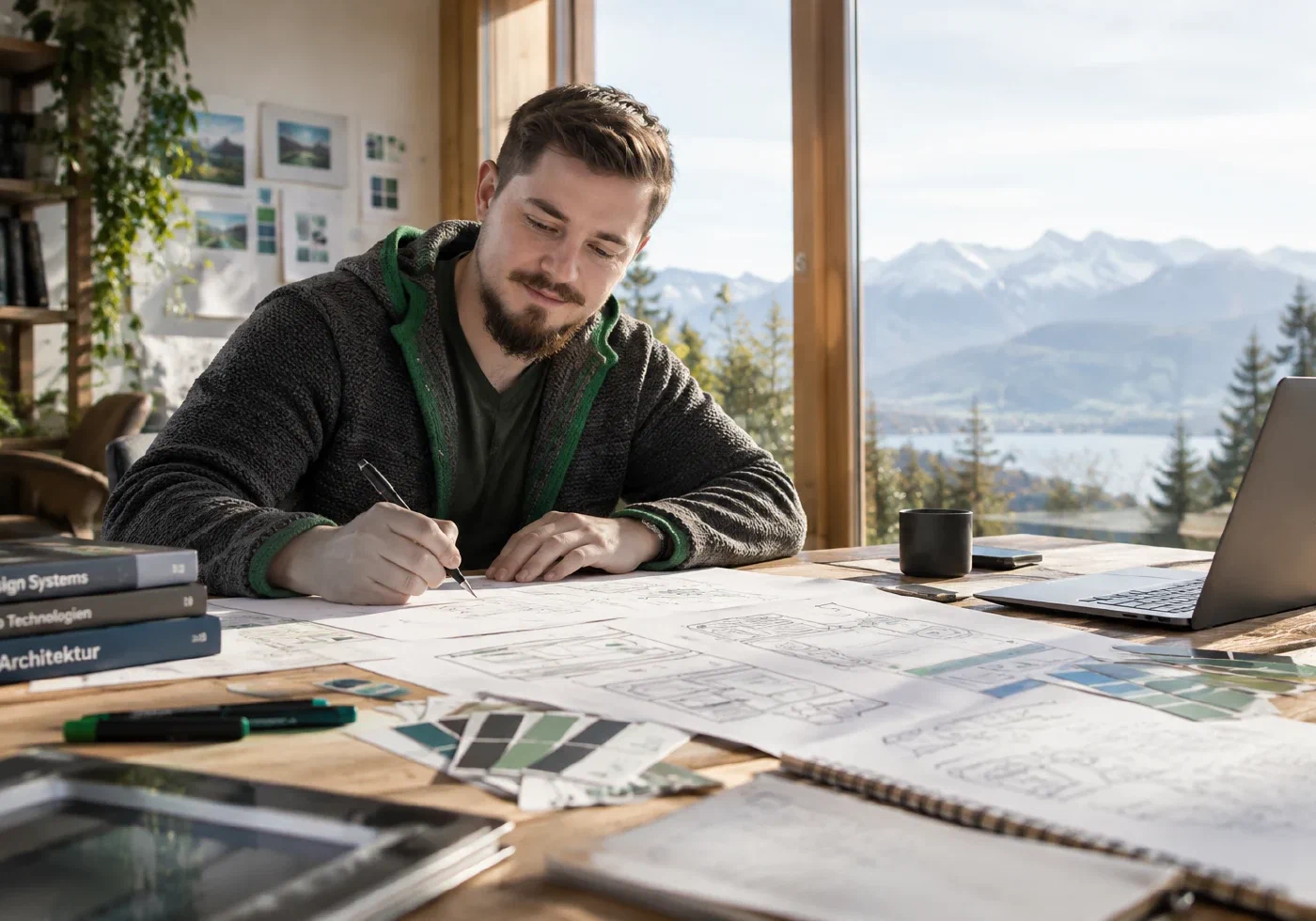 Xaver Pummer zeichnet an einem Holztisch zwischen Systemskizzen und Farbmustern; durch das Fenster sind See und Berge des bayerischen Oberlands zu sehen.